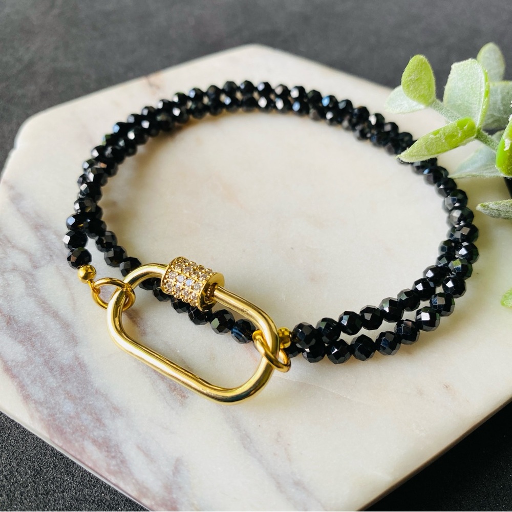 Protection Black Tourmaline Beaded Necklace Gold with Carabiner front clasp
